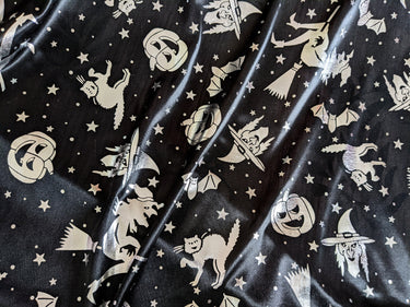Black And Silver Halloween Pumpkin, Witch, Bats Foil Fabric